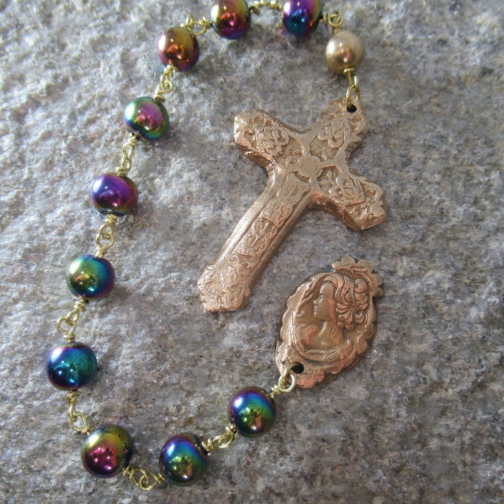Rainbow Bronze Pocket Rosary, Multi Color Hematite Stone